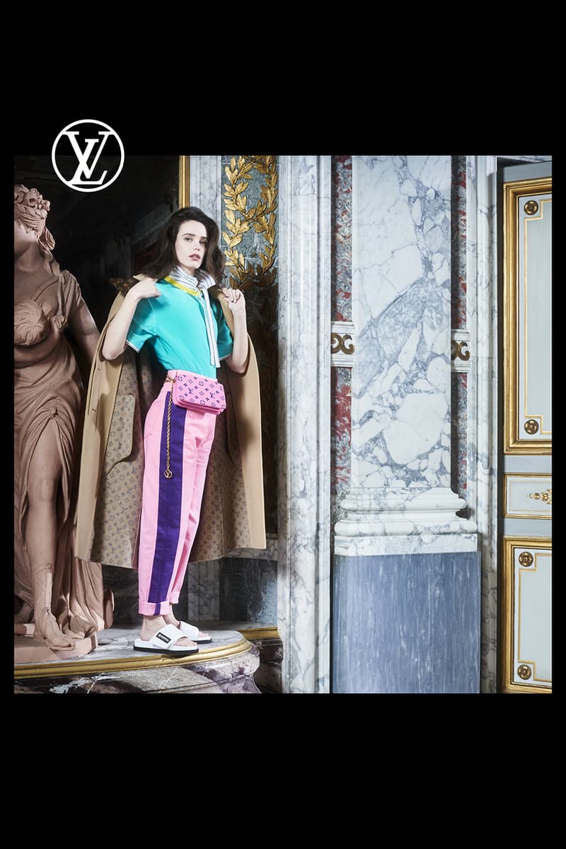 louis vuitton pre fall womens collection nicolas ghesquiere aqua blue t shirt tee pink pants white slides designer belt bag beige outerwear jacket coat