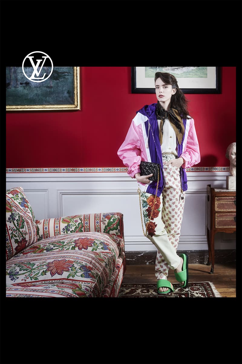 louis vuitton pre fall womens collection nicolas ghesquiere pink jacket outerwear beige pants green slides black designer handbag scarf sofa couch