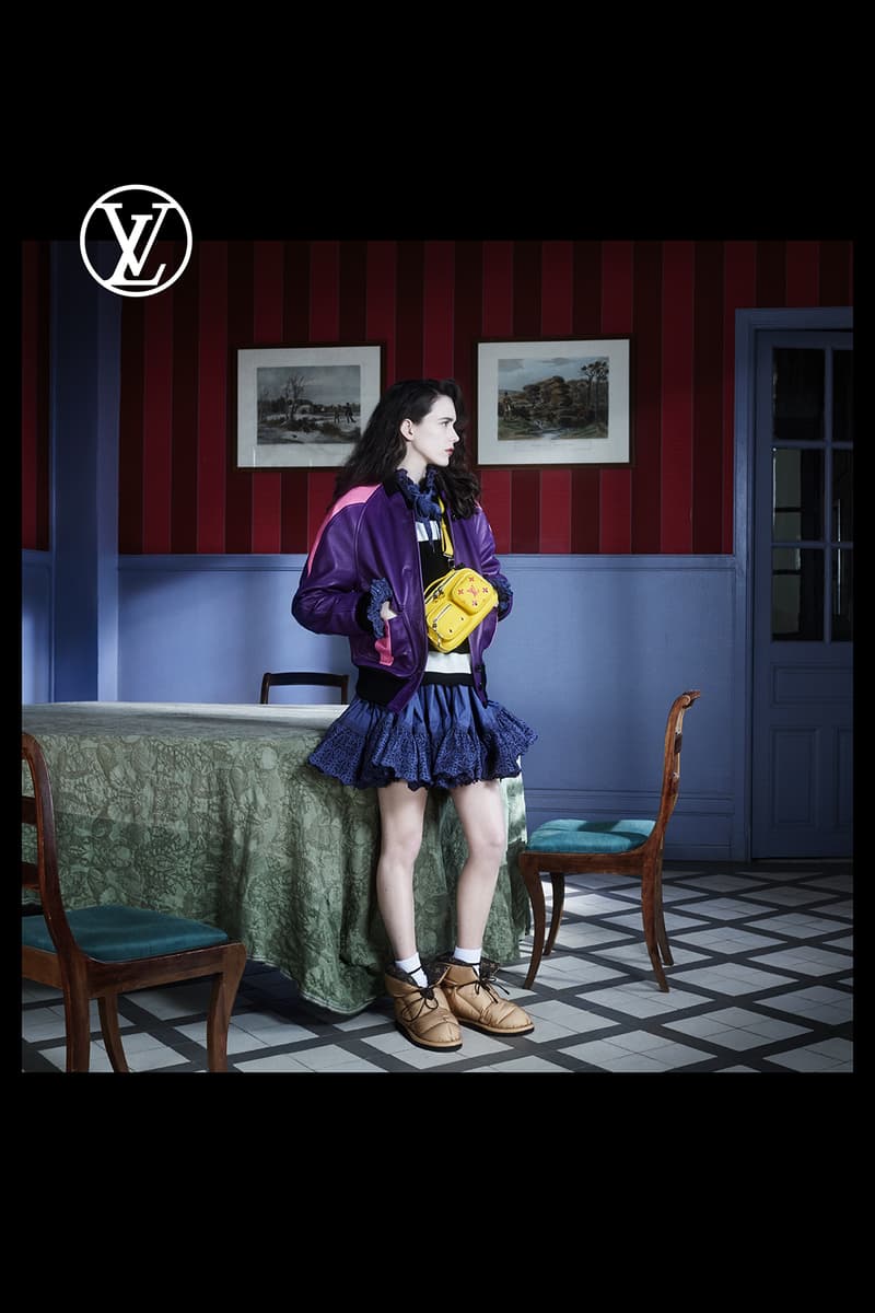 louis vuitton pre fall womens collection nicolas ghesquiere purple jacket outerwear skirt brown shoes table chair painting furniture