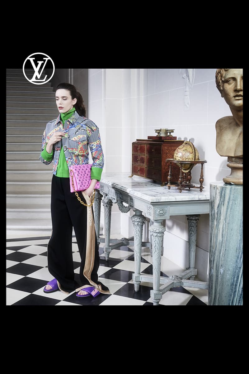 louis vuitton pre fall womens collection nicolas ghesquiere jacket outerwear black pants purple slides pink designer handbag