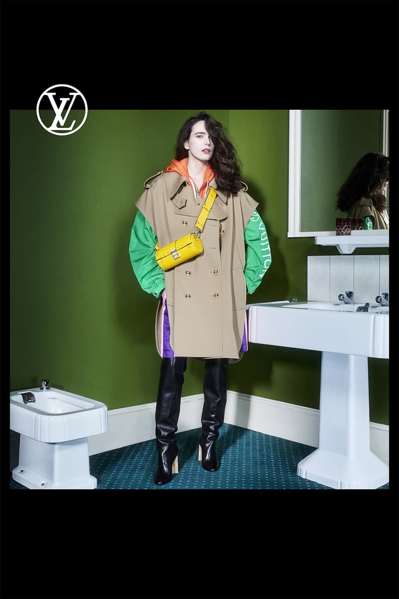 louis vuitton pre fall womens collection nicolas ghesquiere coat outerwear jacket green long sleeve shirt black boots yellow designer belt bag
