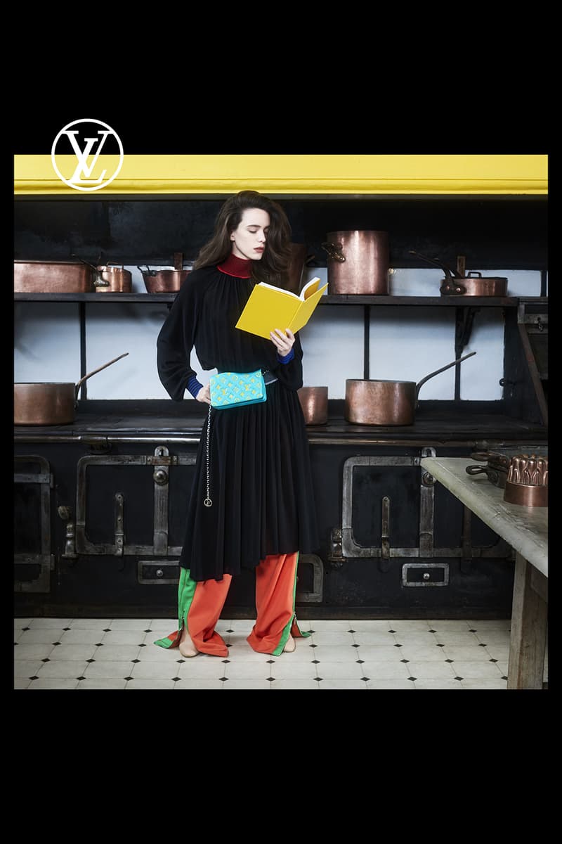 louis vuitton pre fall womens collection nicolas ghesquiere black dress blue belt bag yellow book orange green pants shoes kitchen pots pans