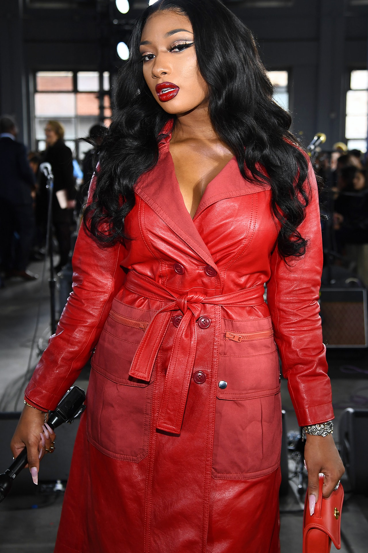 Megan Thee Stallion Outfit Red Trench Coat Bag Coach 1941 Fashion Show New York Fashion Week NYFW