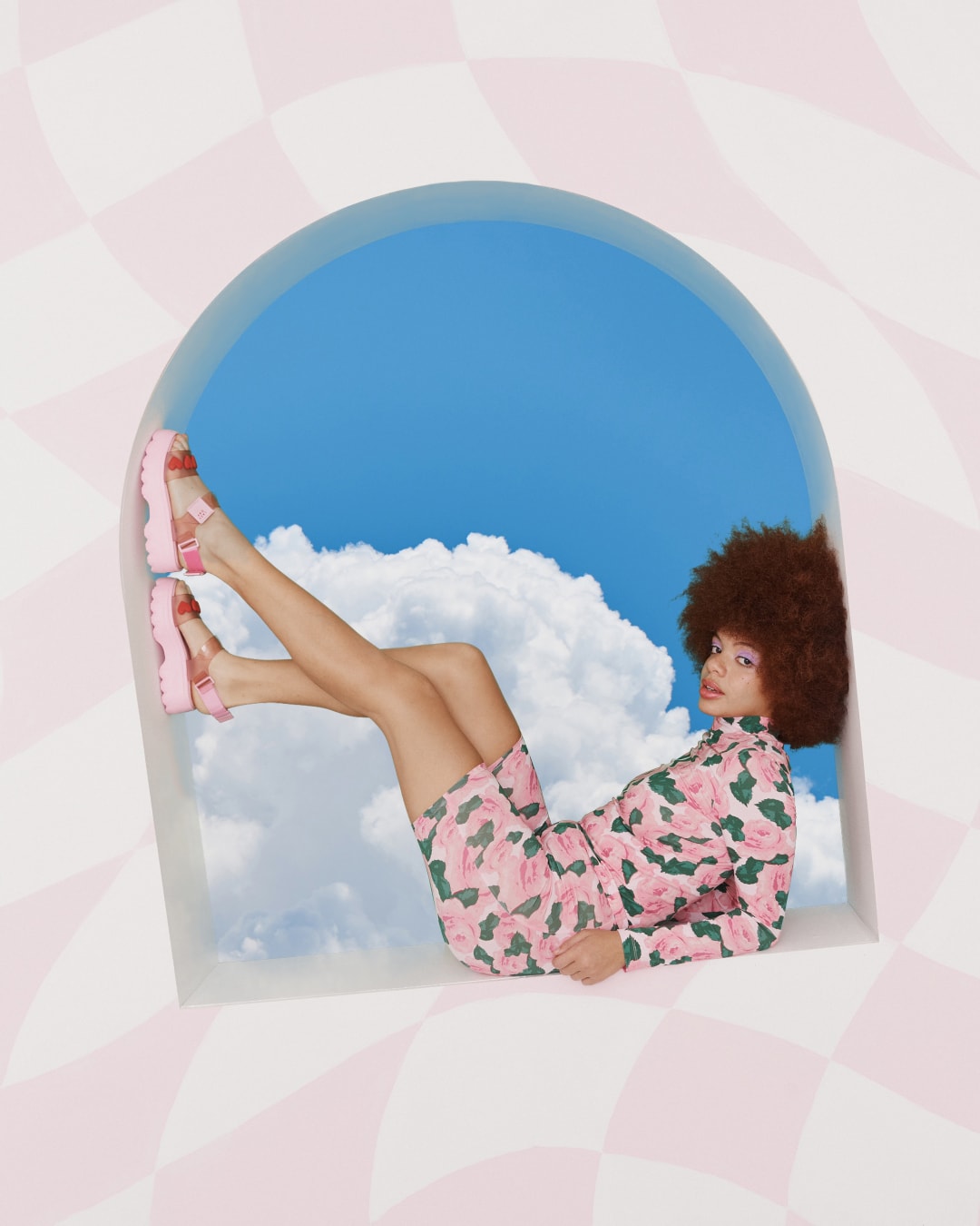 melissa lazy oaf jelly platform sandals collaboration pink checkerboard wall sky print patter