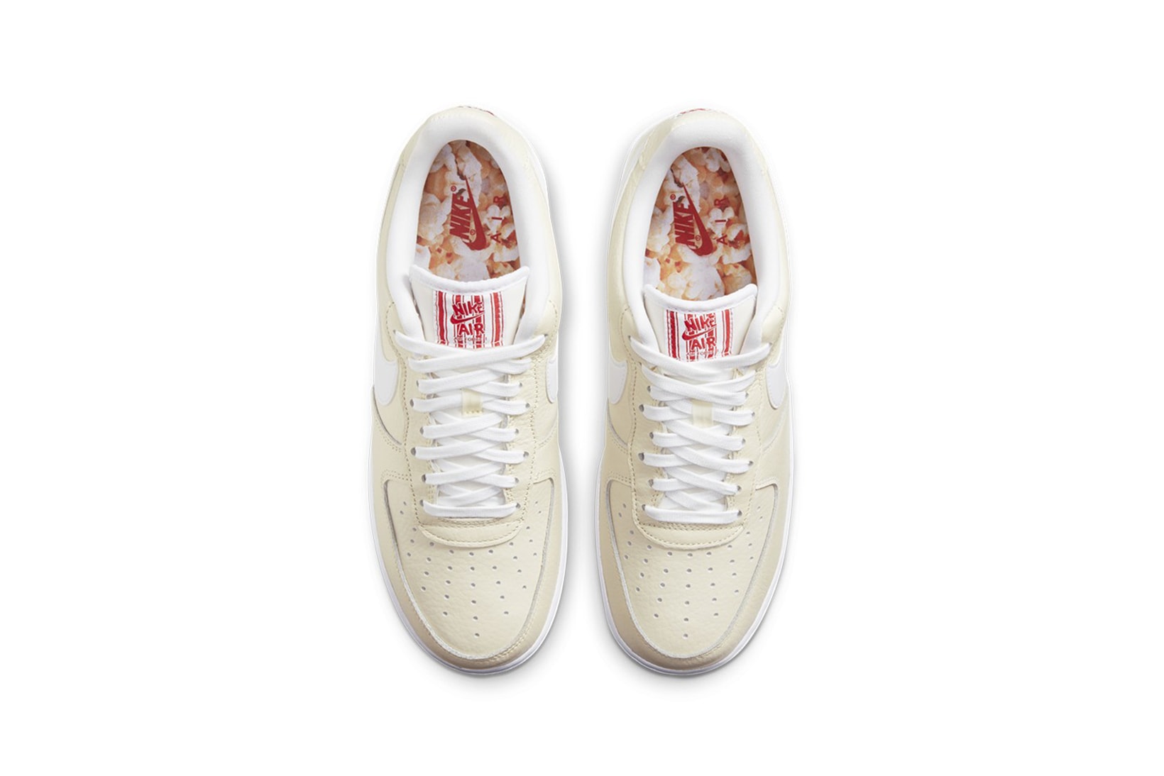 nike air force 1 af1 low popcorn sneakers cream white red colorway footwear shoes sneakerhead aerial view birds eye insole laces