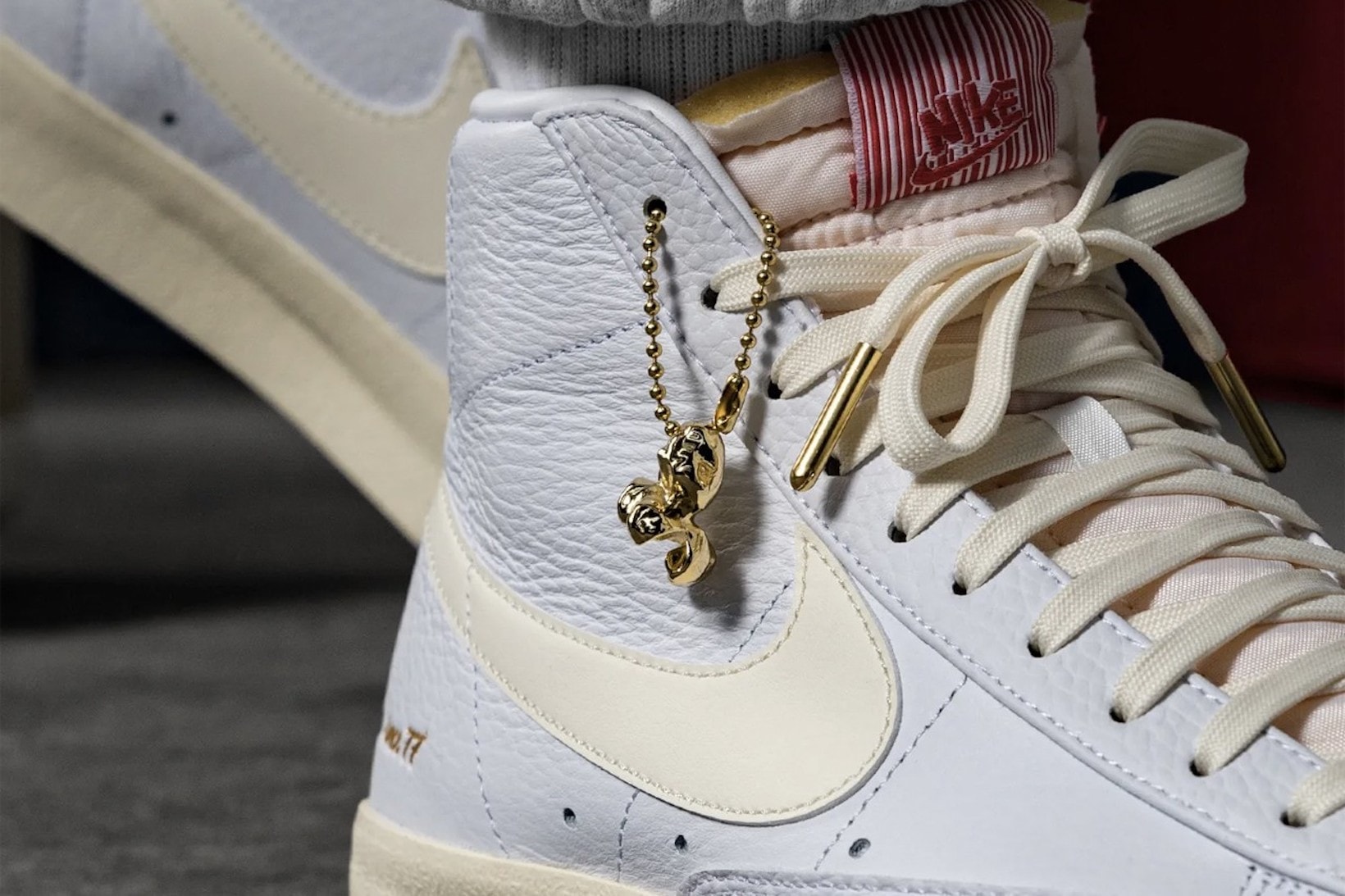 nike blazer mid 77 vintage popcorn sneakers cream white coconut milk gold shoes footwear kicks sneakerhead laces close up