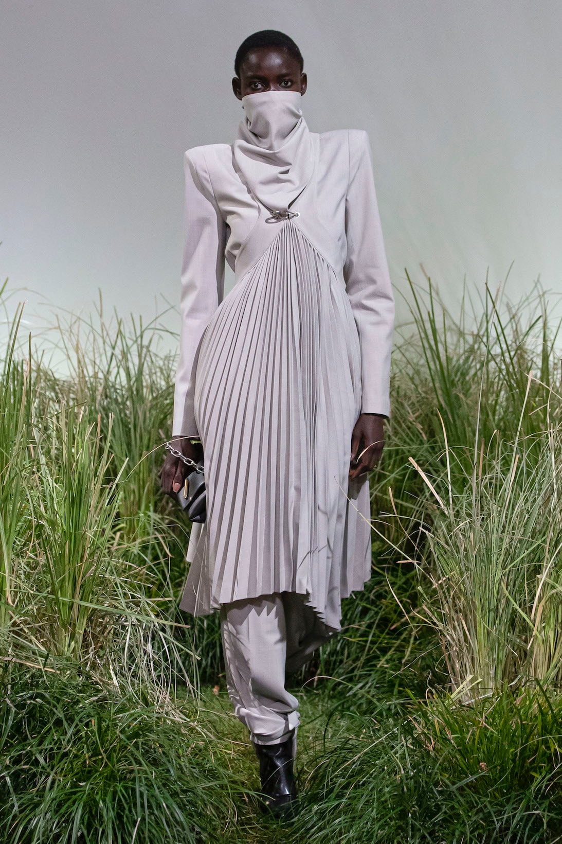 off white virgil abloh spring summer adam is eve collection imaginary tv digital runway show dress gray pants bag boots