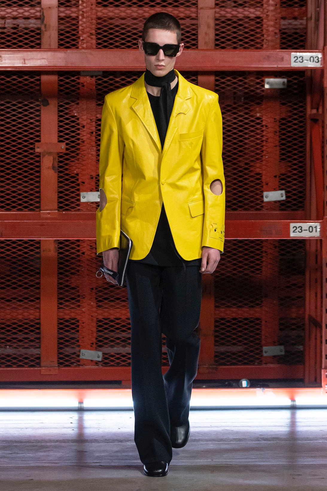 off white virgil abloh spring summer adam is eve collection imaginary tv digital runway show yellow blazer jacket outerwear pants bag shades boots scarf