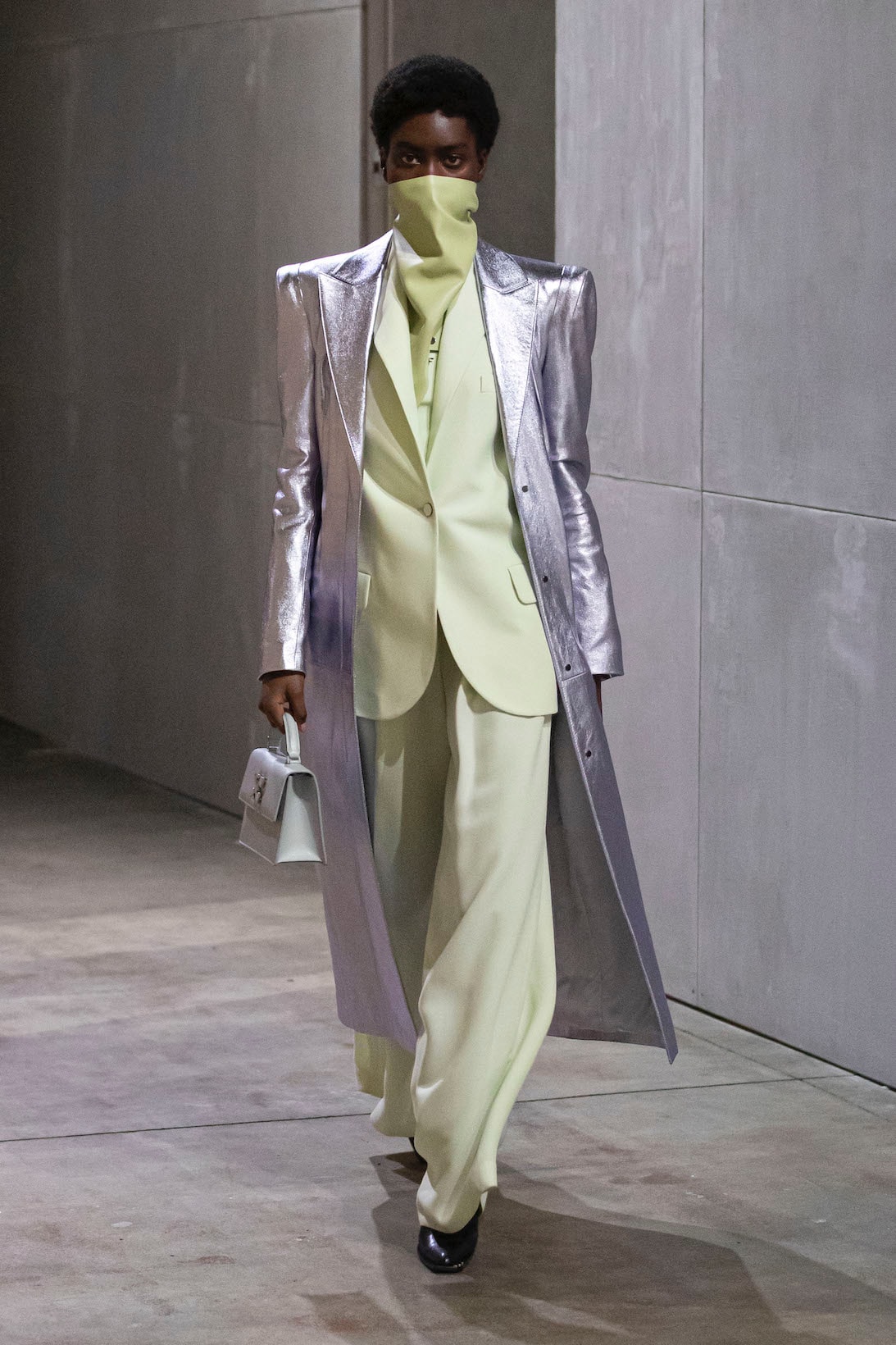 off white virgil abloh spring summer adam is eve collection imaginary tv digital runway show blazer silver gray pastel green jacket outerwear pants bag shoes