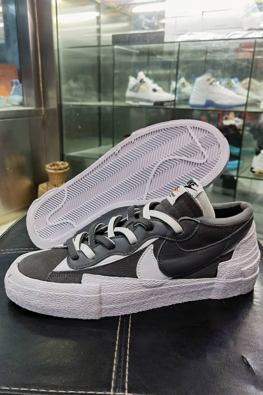 sacai nike blazer low gray white suede collaboration details laterals sides swoosh