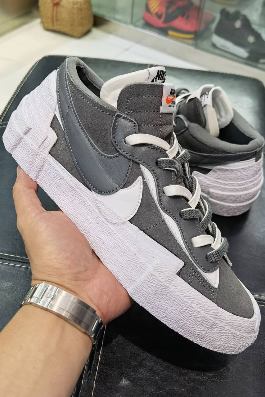 sacai nike blazer low gray white suede collaboration side laterals details sneakers