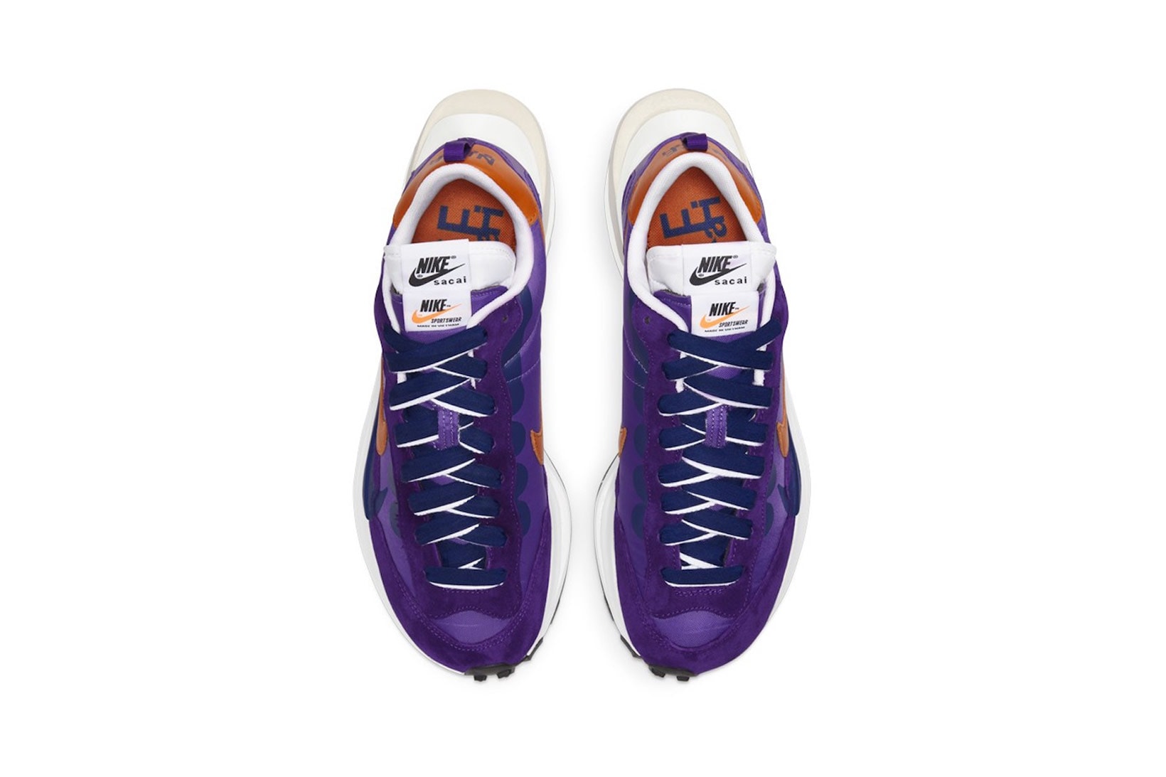 sacai nike vaporwaffle sneakers collaboration dark iris purple orange navy blue white colorway chitose abe footwear sneakers kicks sneakerhead aerial birds eye view