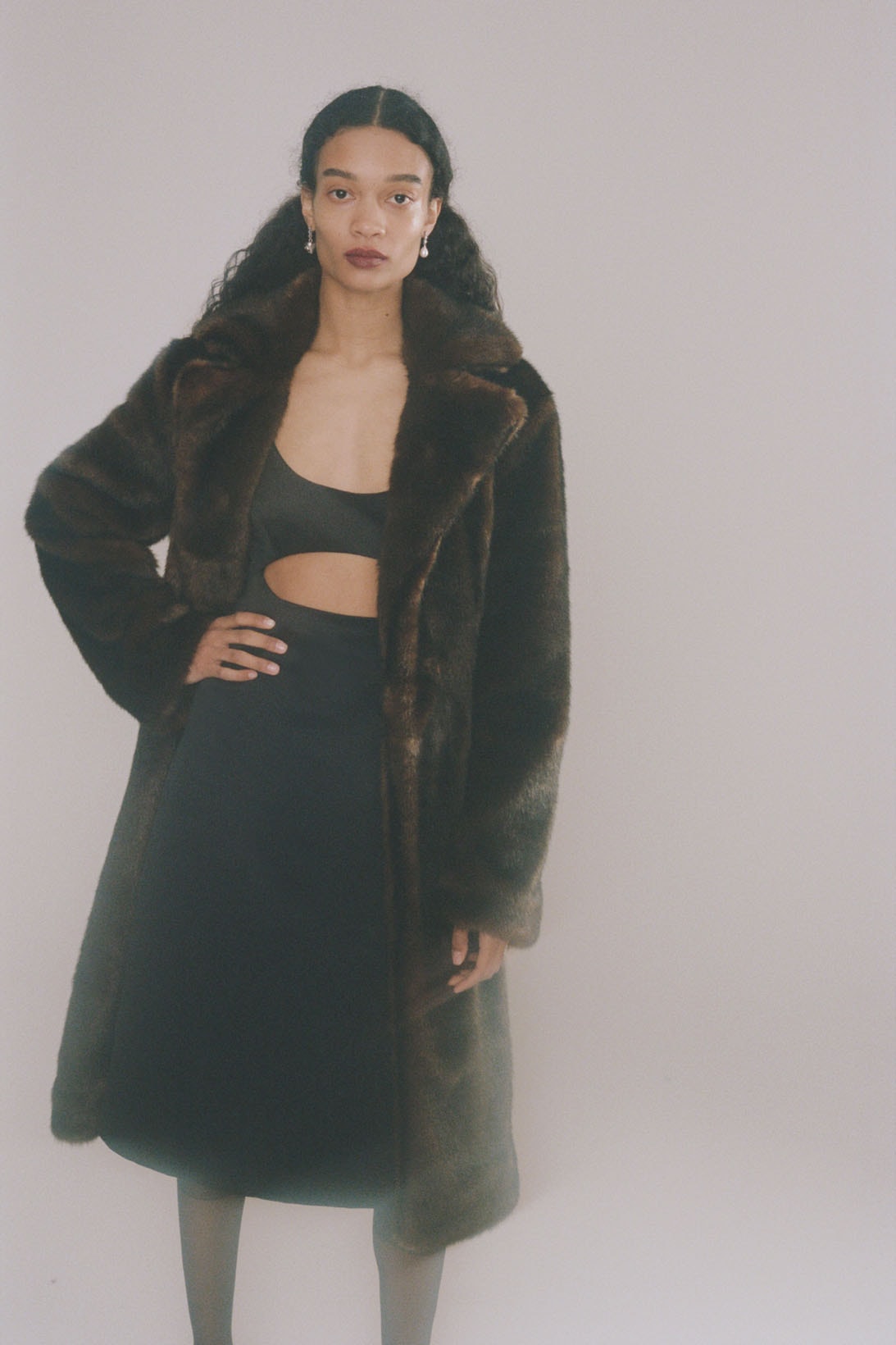 sandy liang fall winter 2021 fw21 collection black dress faux fur coat