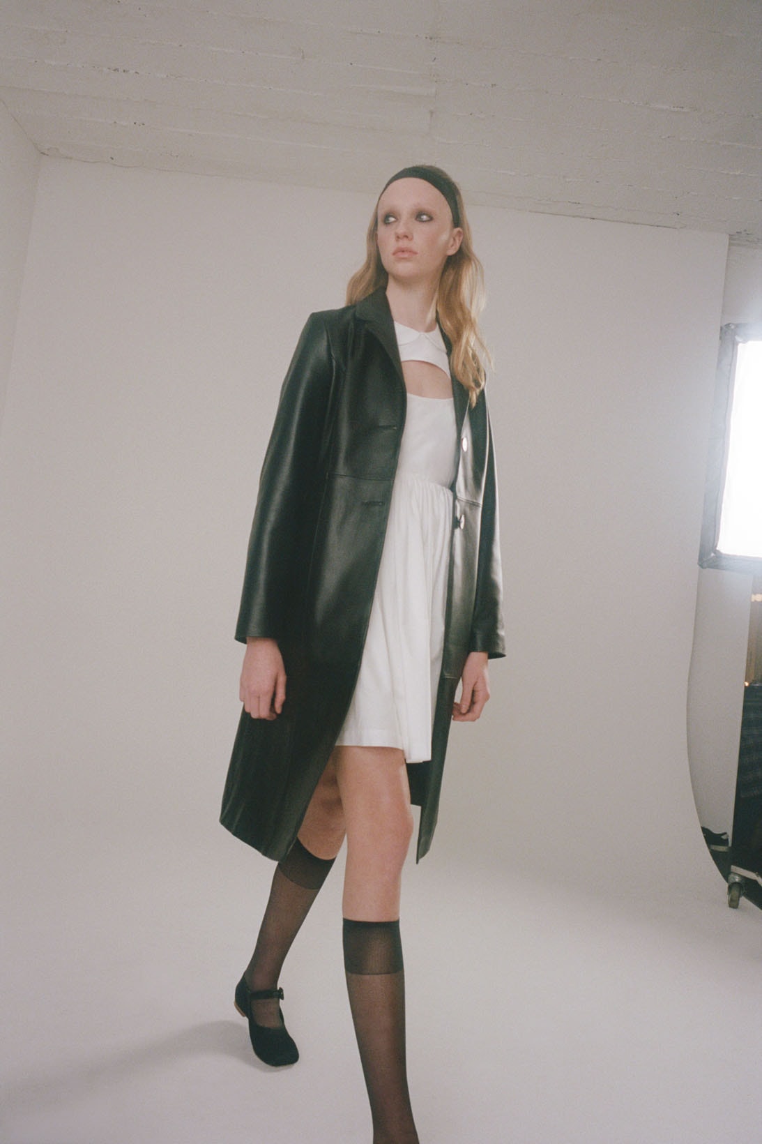 sandy liang fall winter 2021 fw21 collection faux leather coat white dress