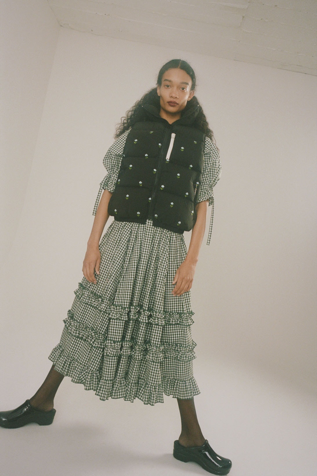sandy liang fall winter 2021 fw21 collection puffer vest gingham check dress pleated