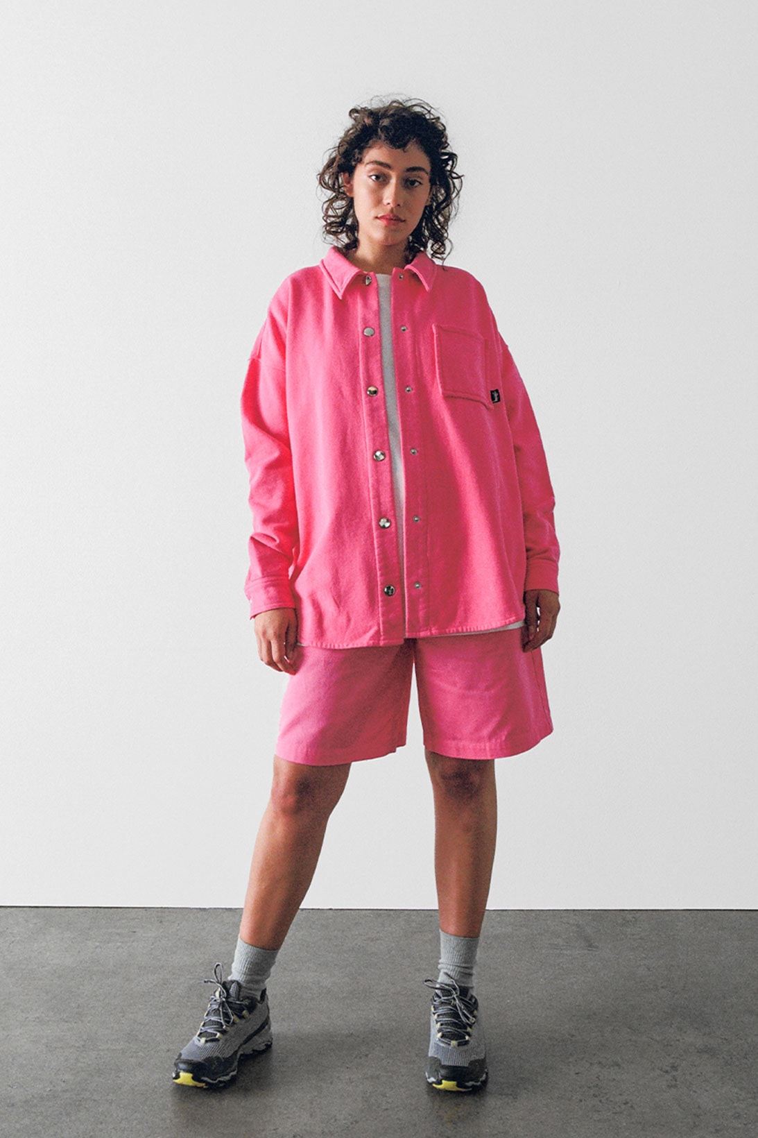 stussy spring 2021 collection lookbook womenswear pink jacket shirt shacket shorts