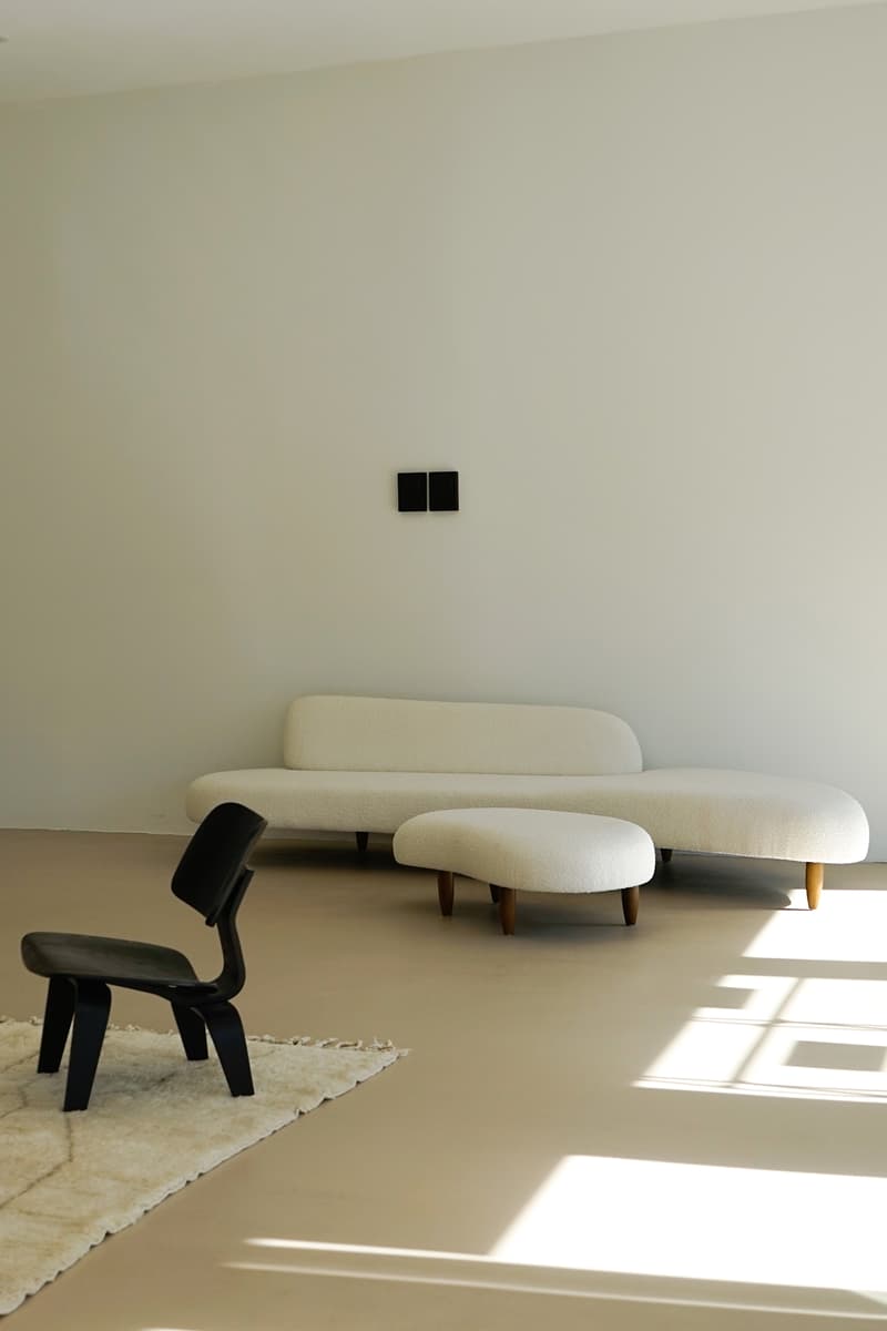 Tase Gallery Jessie Andrews Los Angeles Art Community Retail Space Interior Design Exhibition Furniture Couch Sofa White Curved Chair