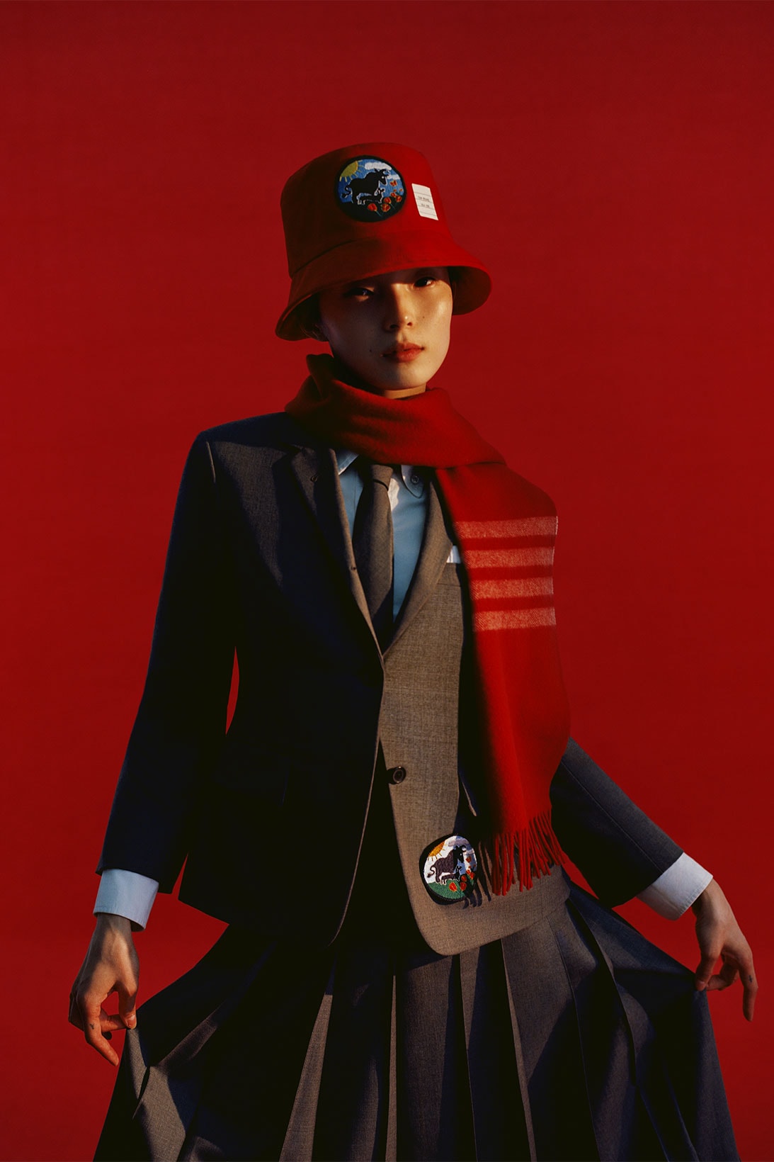 thom browne lunar new year ox capsule collection red bucket hat scarf patch xiao wen ju suit skirt