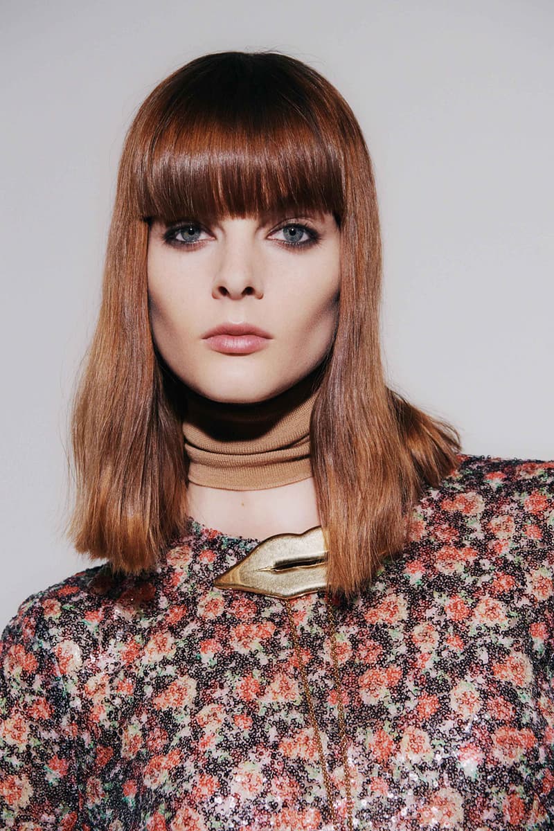 victoria beckham fall winter 2021 fw21 collection floral print lips gold hardware bangs