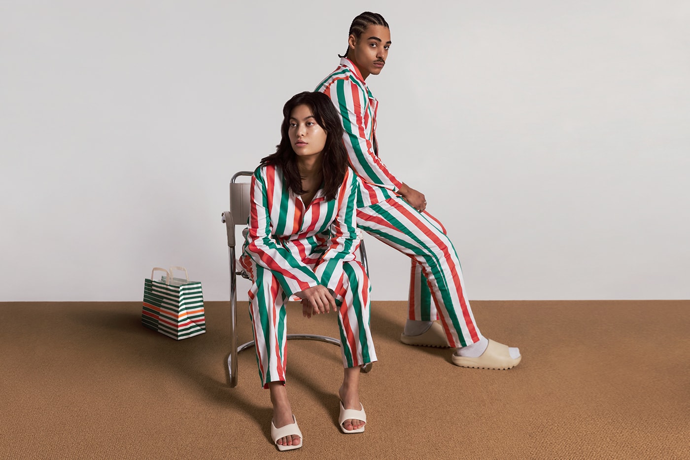 7-eleven sweden pajamas loungewear striped green red white yeezy slides