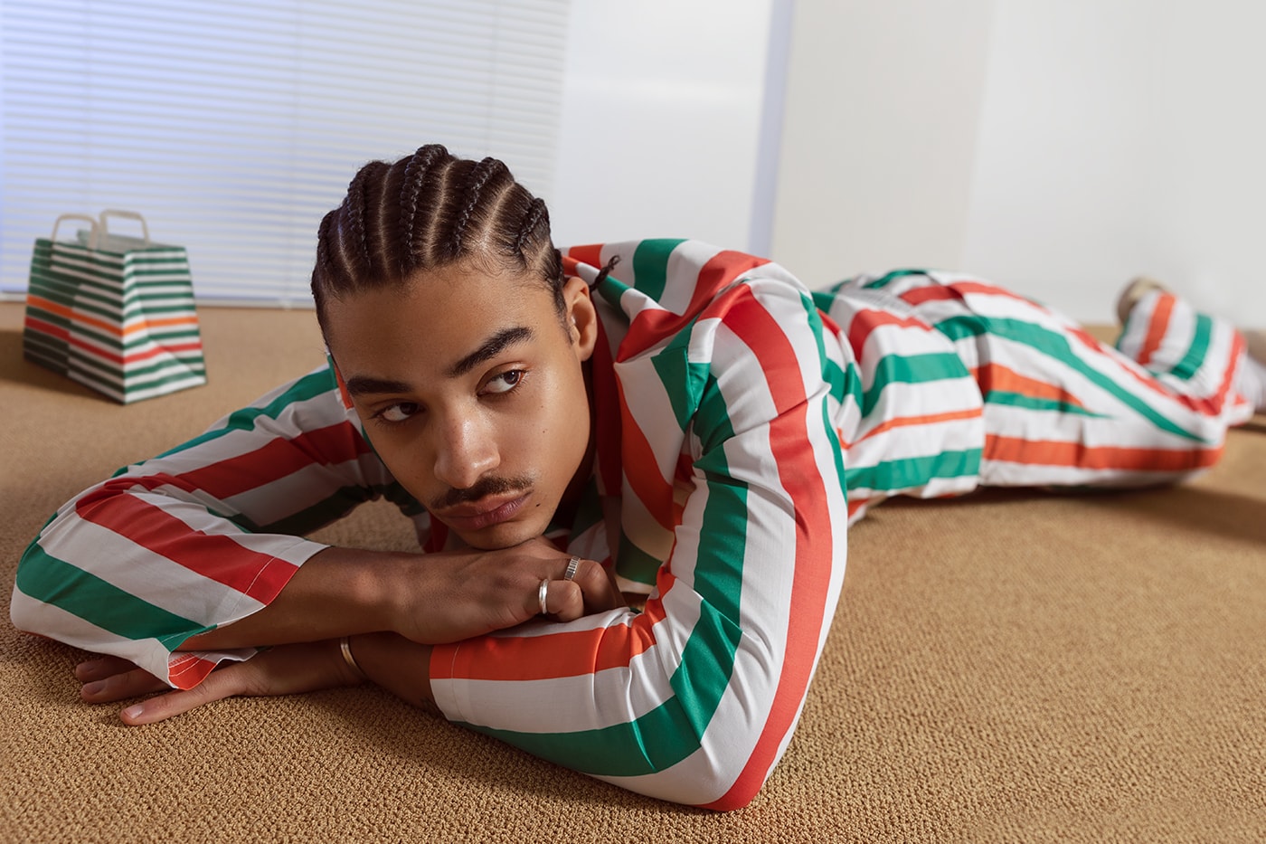 7-eleven sweden pajamas loungewear striped green red white floor