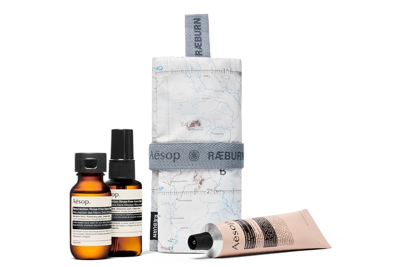 aesop raeburn travel essentials collaboration skincare product set packaging sanitizer hygiene bottles