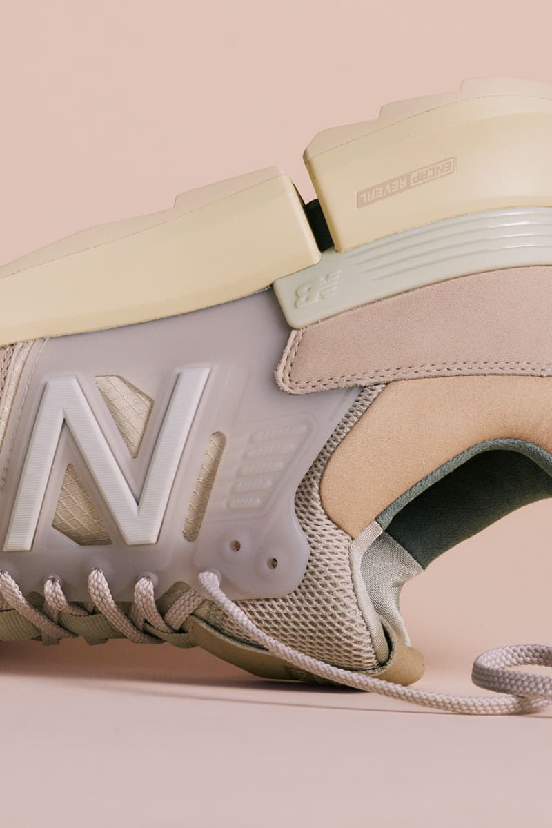 auralee new balance tokyo design studio rc 2 sneakers collaboration nude pink olive green kicks sneakerhead footwear shoes close up