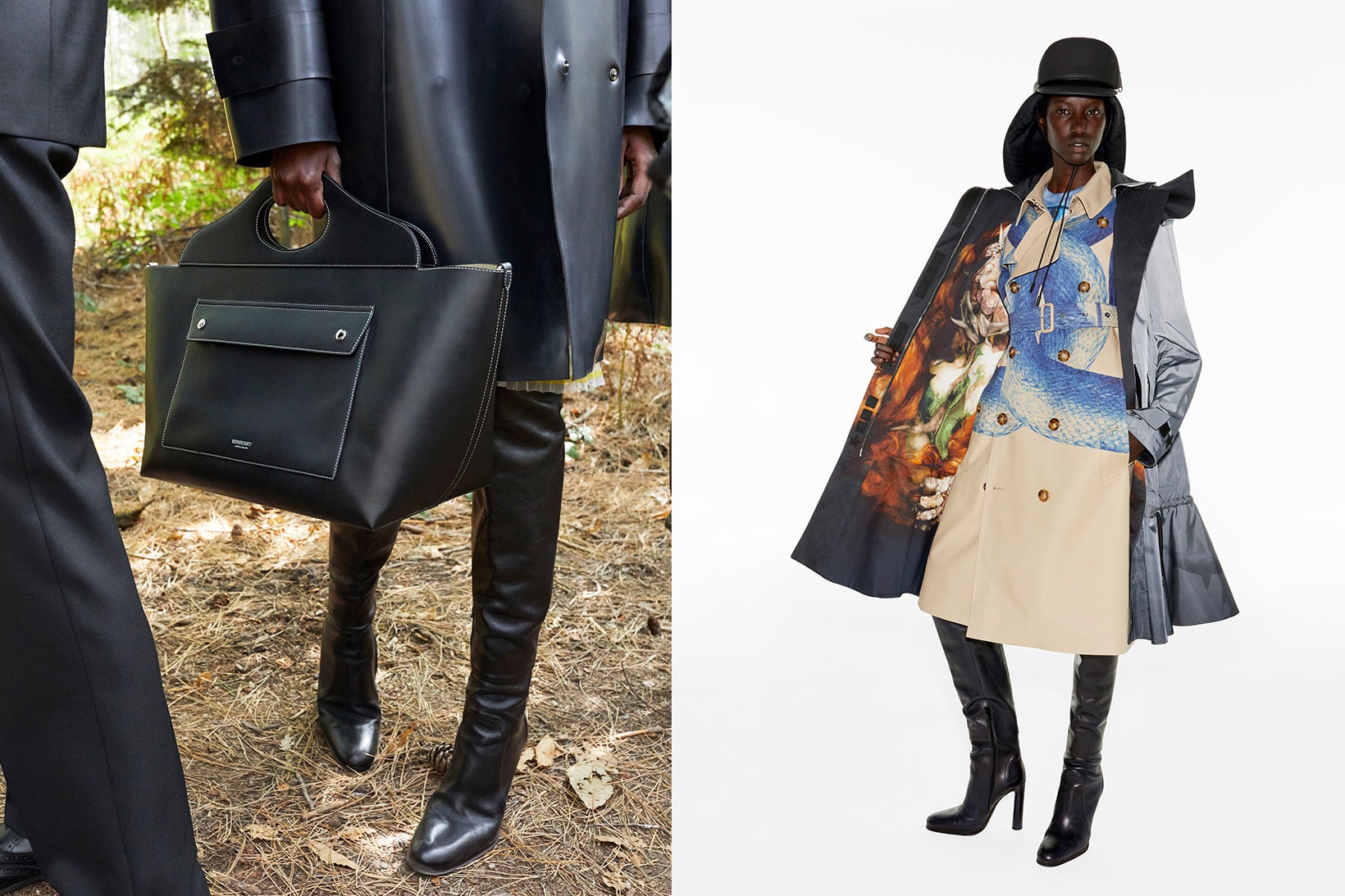 burberry spring summer ss21 collection campaign juergen teller trench coat pattern print leather bag boots