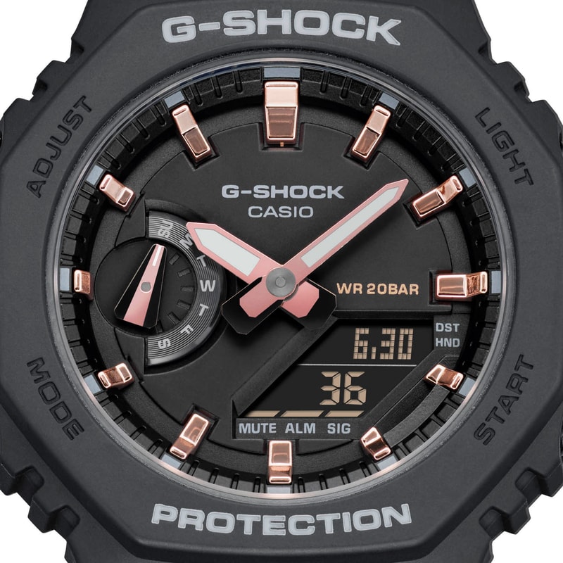 casio g-shock watches gma s2100 octagonal bezel face black pink details