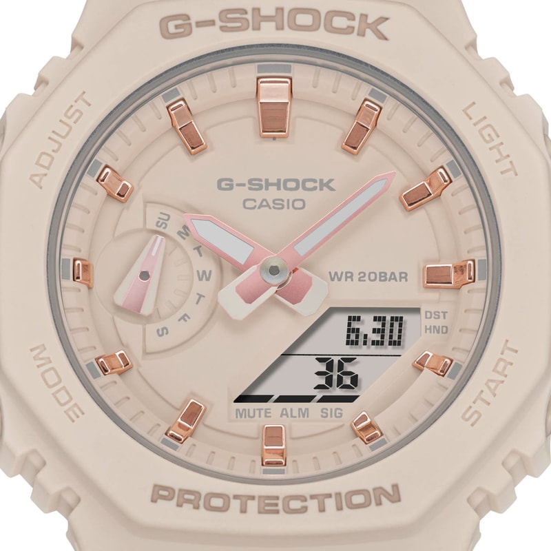 casio g-shock watches gma s2100 octagonal bezel face beige ivory pink index details