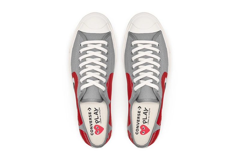 comme des garcons cdg play converse jack purcell sneakers collaboration red gray white footwear sneakerhead shoes kicks top aerial view insoles