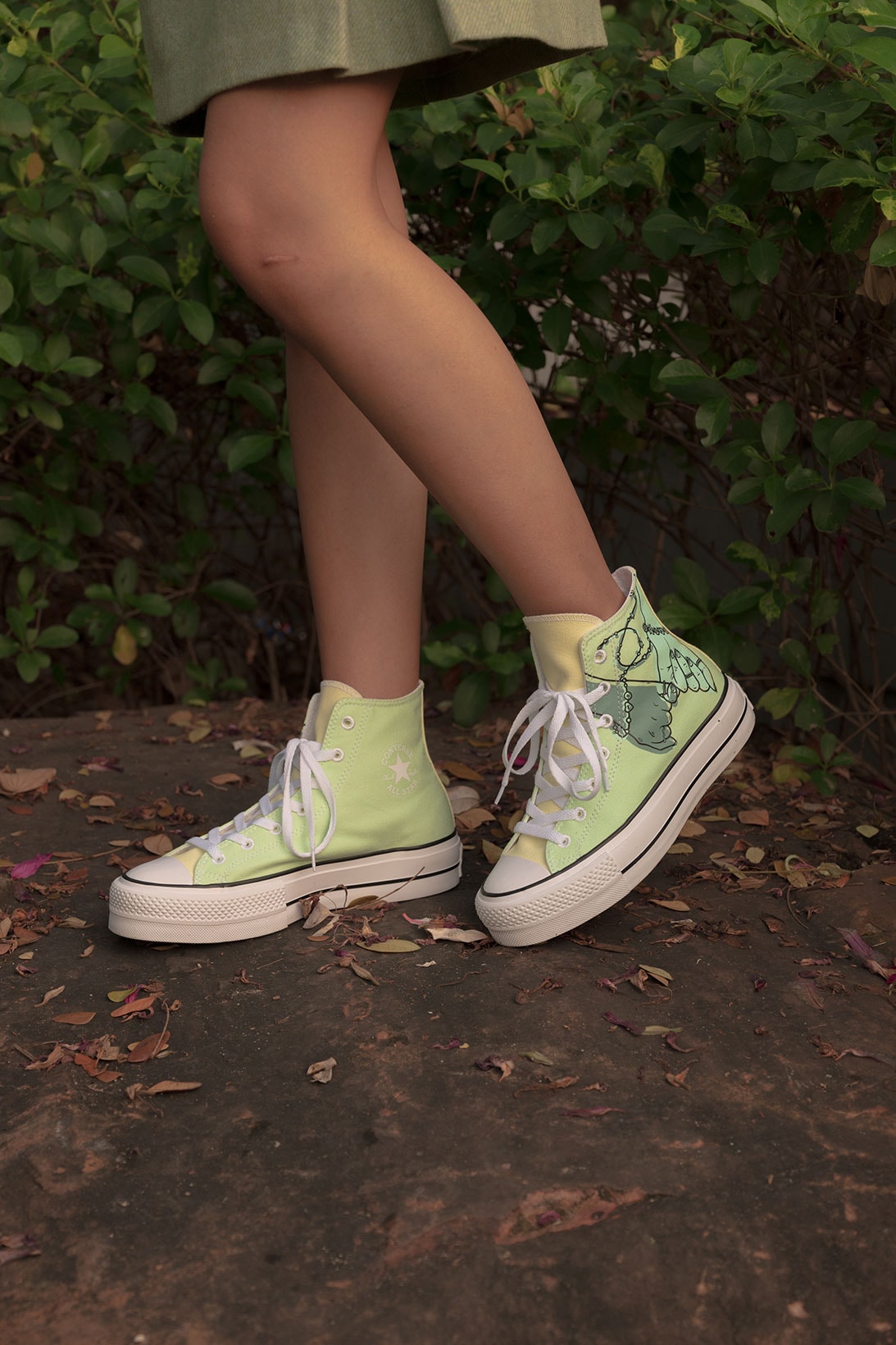 converse by you millie bobby brown pauline wattanodom artist chuck taylor all star high top platform sneakers collaboration green
