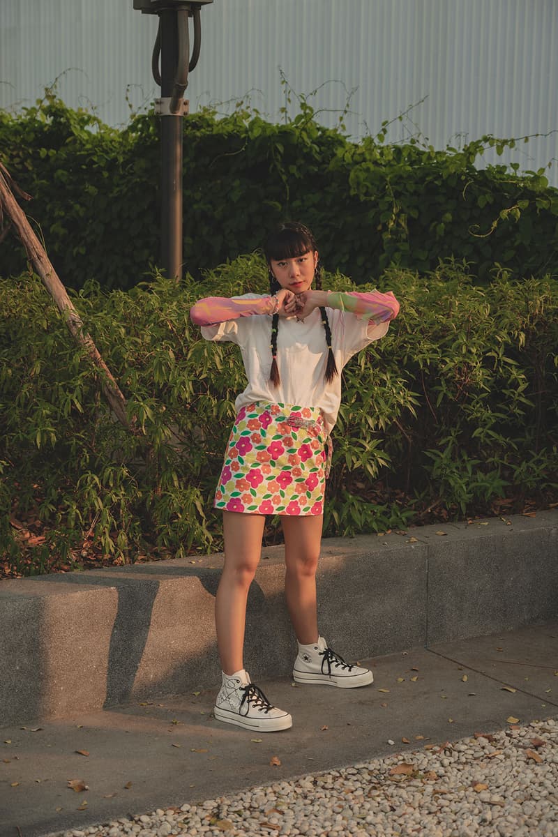 converse by you millie bobby brown pauline wattanodom artist chuck taylor all star high top platform sneakers collaboration long sleeve shirt skirt tee