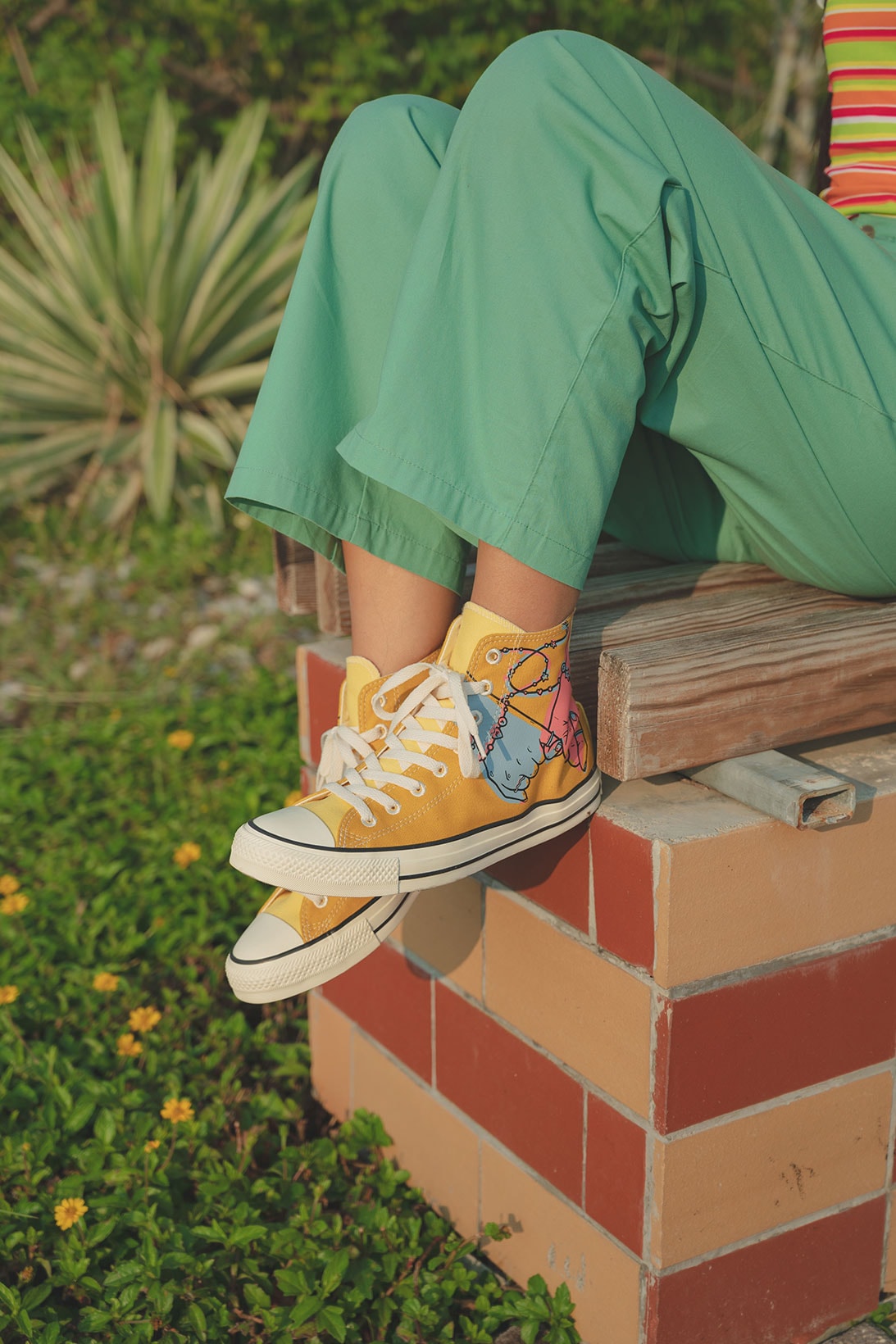 converse by you millie bobby brown pauline wattanodom artist chuck taylor all star high top platform sneakers collaboration orange green pants