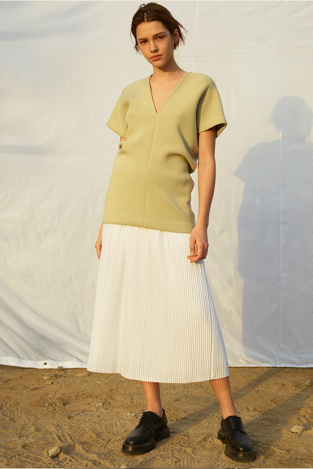 cos spring summer ss21 collection campaign v-neck tshirt skirt