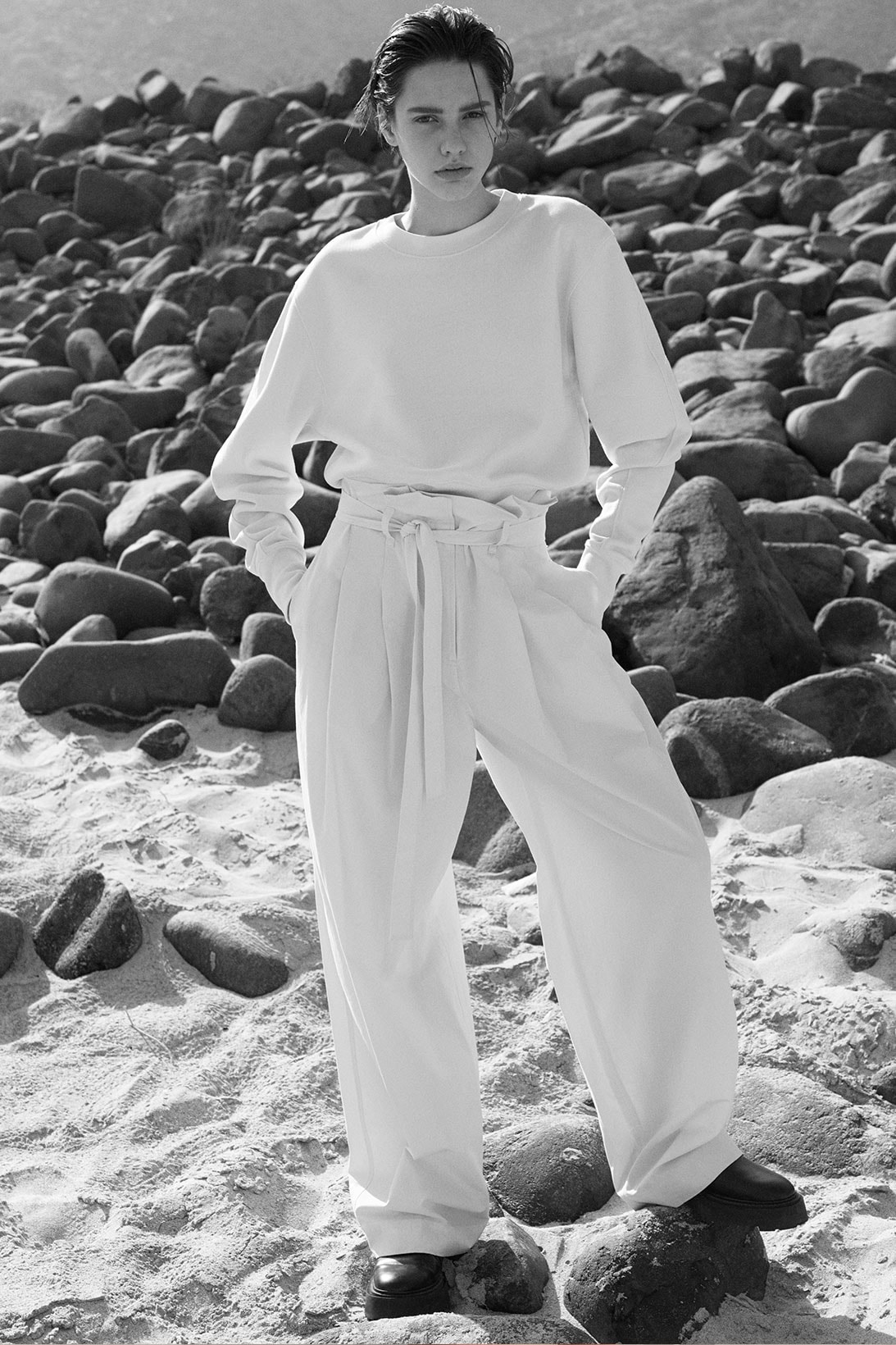 cos spring summer ss21 collection campaign white sweater trousers set