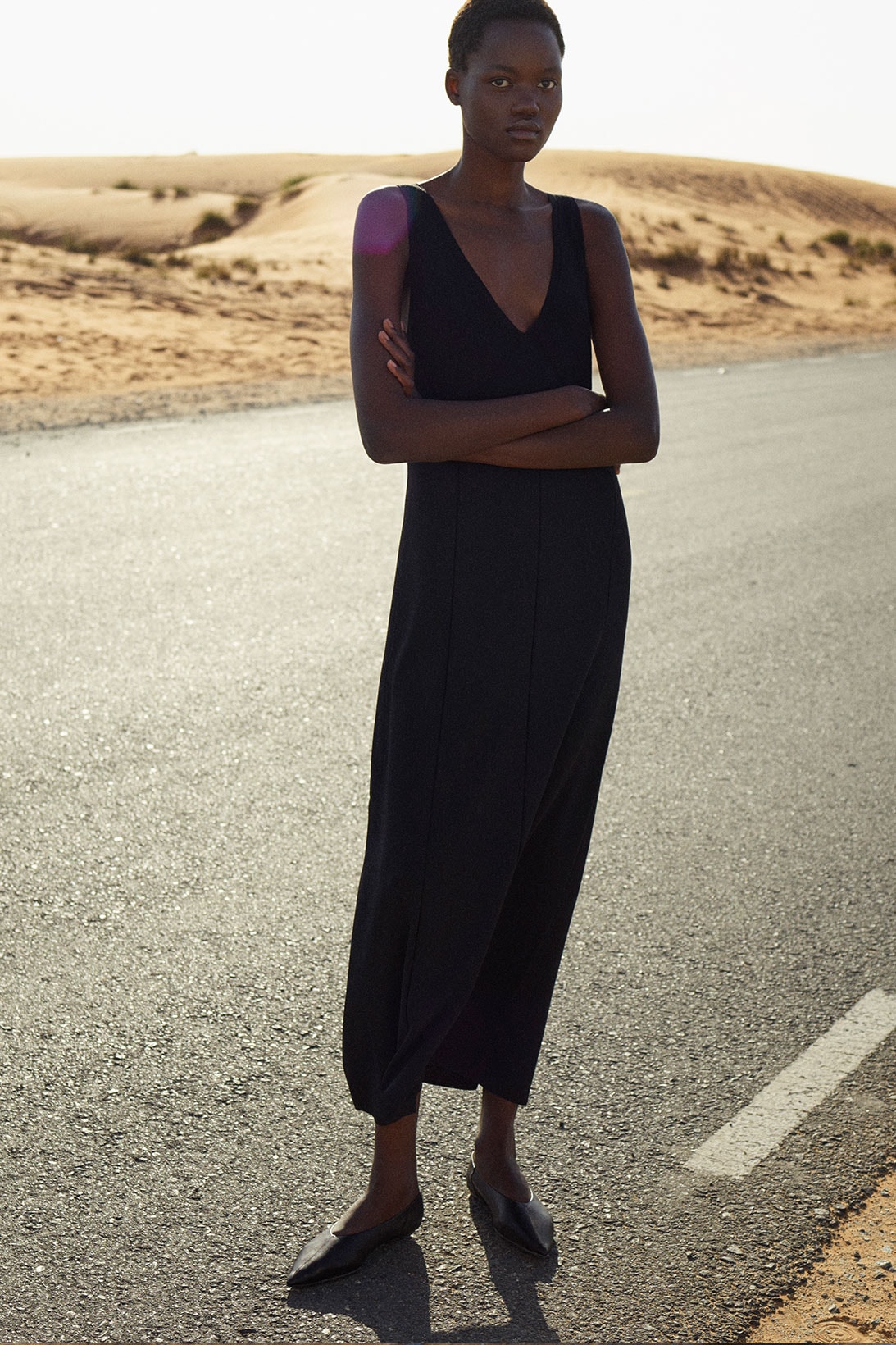 cos spring summer ss21 collection campaign black slip dress knit road