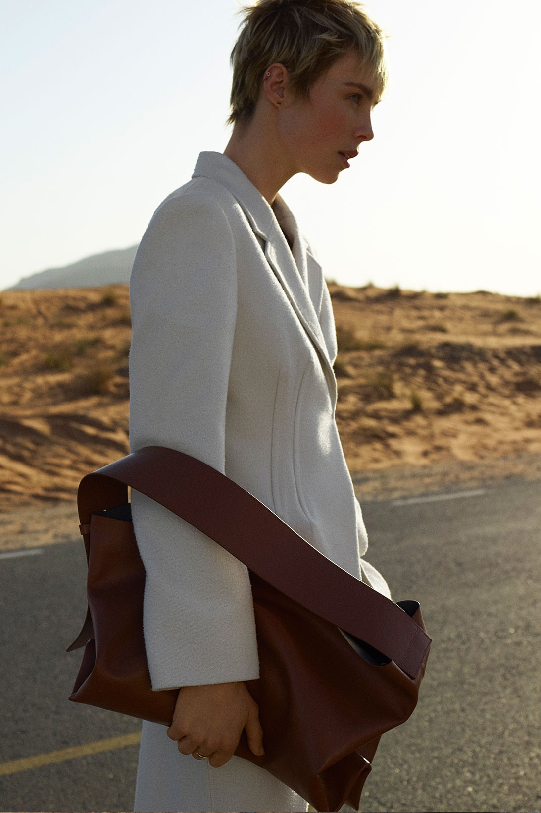 cos spring summer ss21 collection campaign edie campbell jacket leather bag