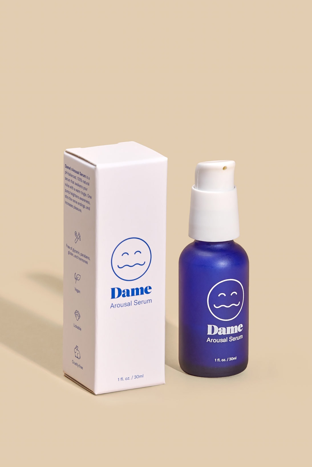 dame products topical arousal cream sex orgasm masturbate blue bottle packaging front box