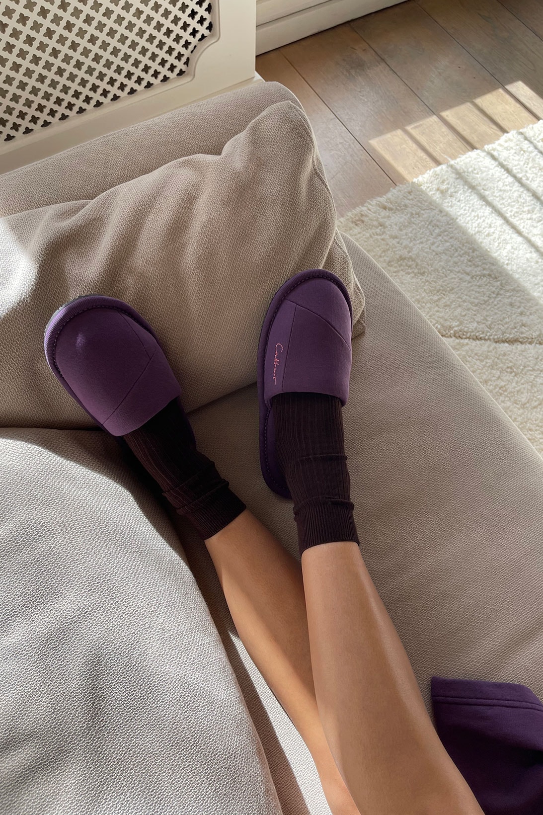 danielle cathari home slippers upcycle spring summer collection repurpose sustainability purple