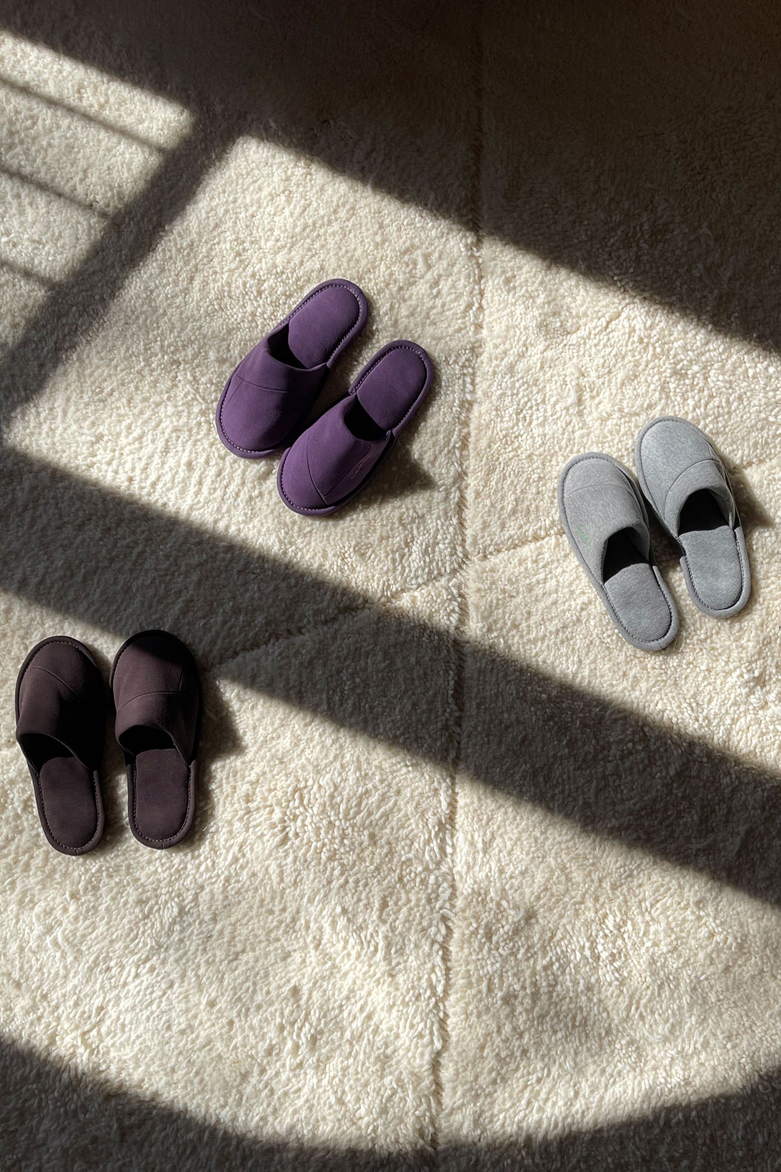 danielle cathari home slippers upcycle spring summer collection repurpose sustainability gray purple brown