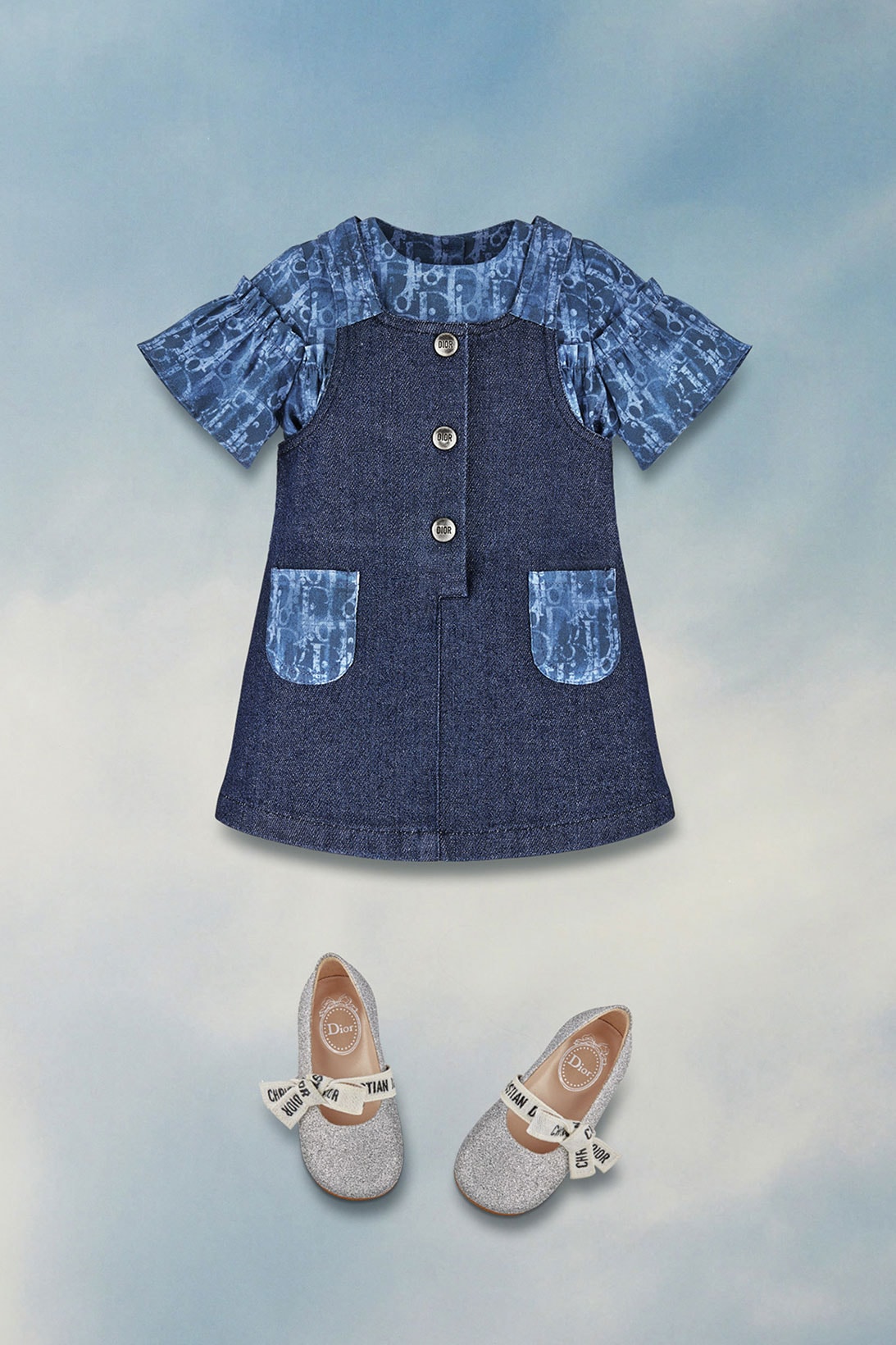 dior spring summer 2021 ss21 kids collection little girls toddlers denim overall dress shoes