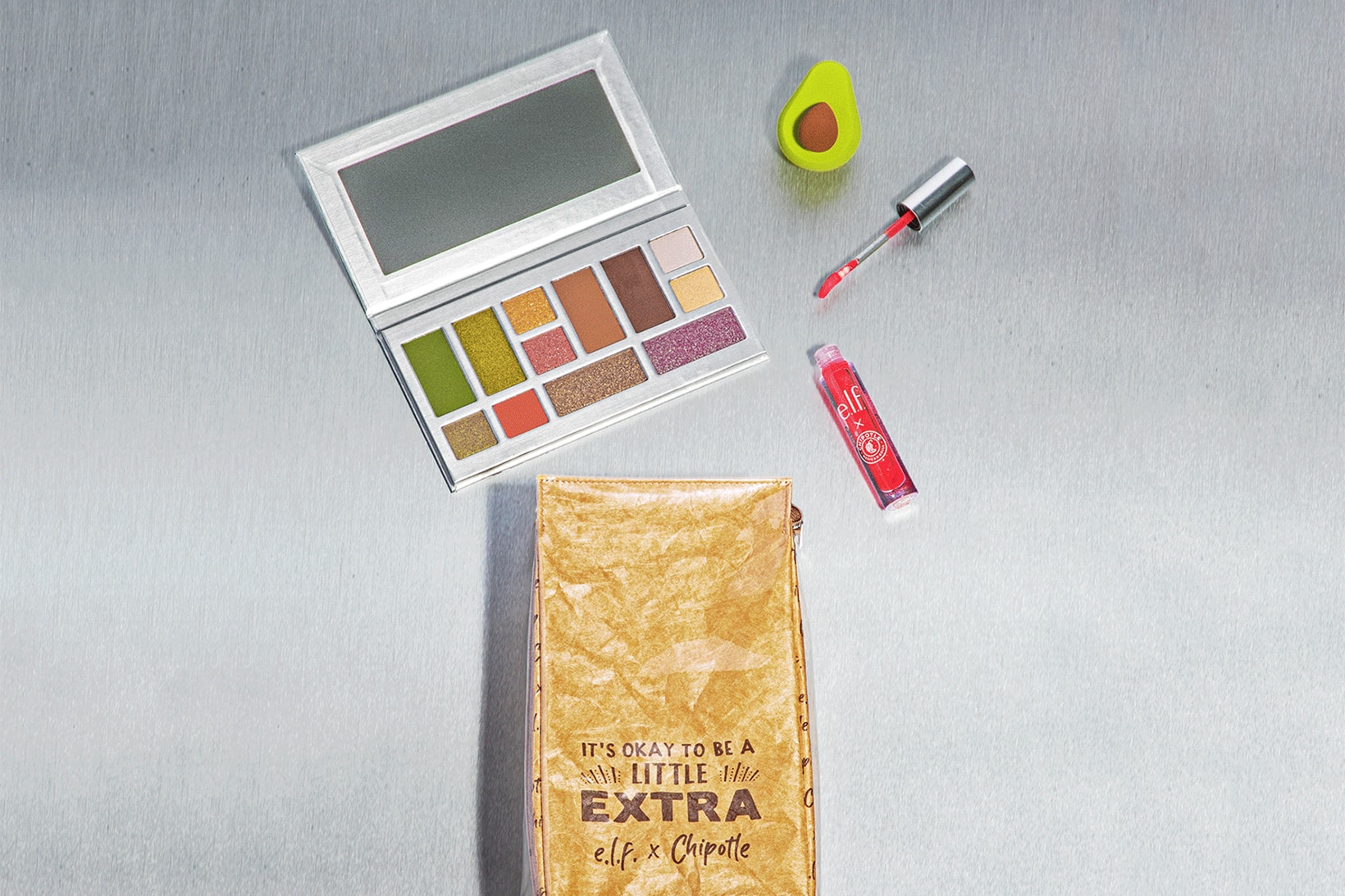 elf cosmetics chipotle collaboration eyeshadow lip gloss makeup sponge bag custom burrito bowl