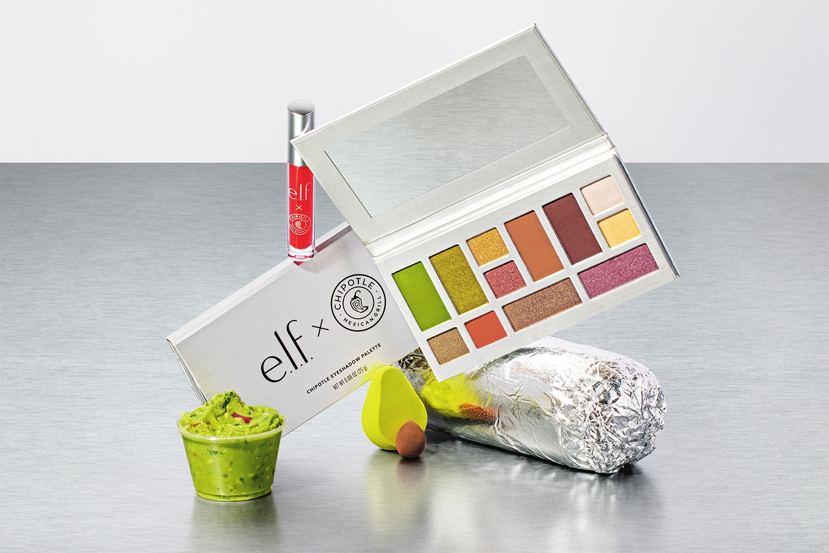 elf cosmetics chipotle collaboration eyeshadow lip gloss makeup sponge bag custom burrito bowl