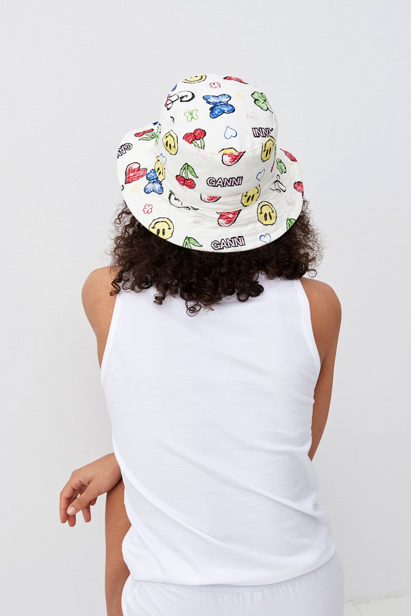 ganni kiosk sustainable accessories collection leftover fabrics bucket hat logo