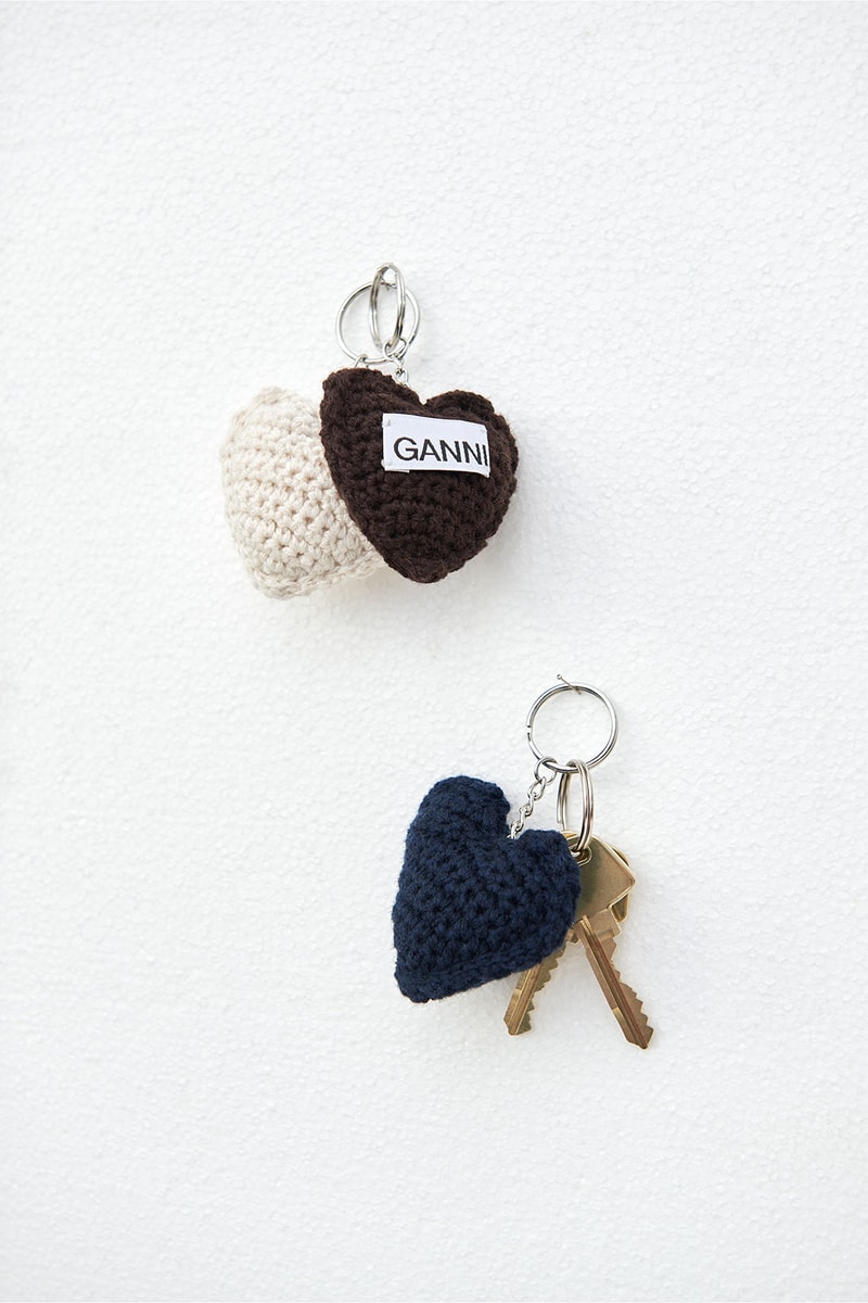 ganni kiosk sustainable accessories collection leftover fabrics keychains hearts logo