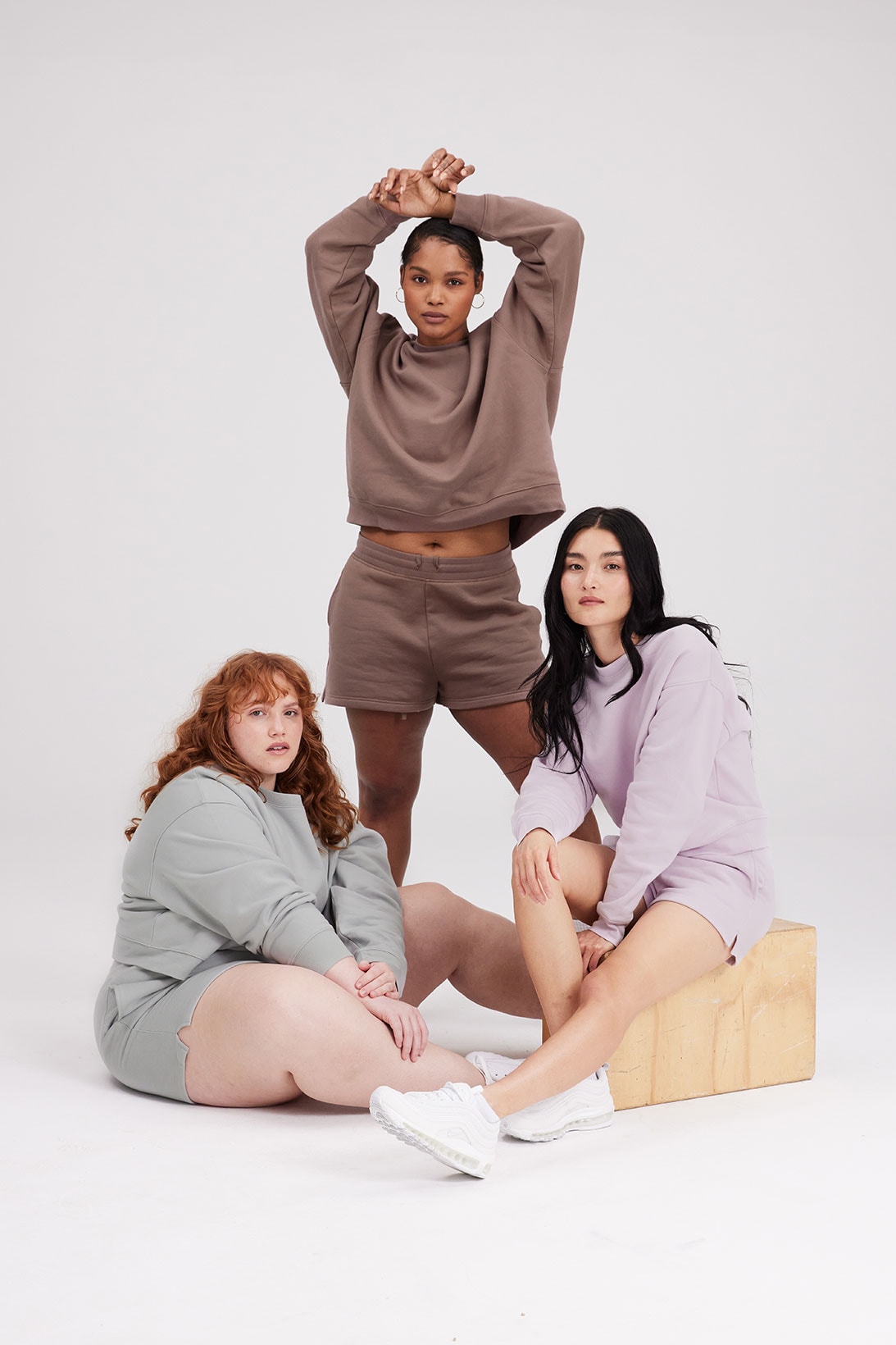 girlfriend collective sweatshirts hoodies shorts joggers brown gray pastel purple