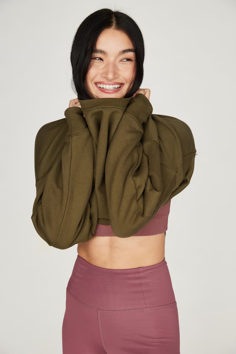 girlfriend collective sweatshirts sports bra biker shorts olive green