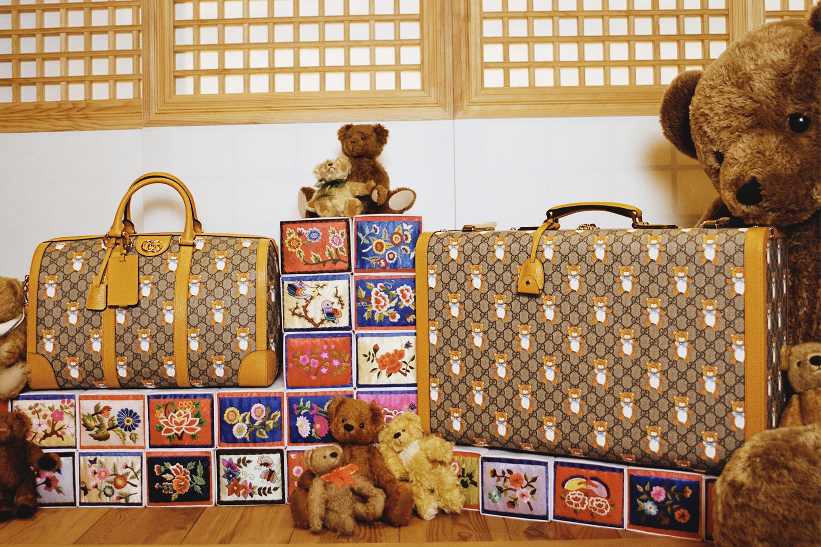 gucci kai collaboration capsule collection teddy bears handbags korea hanok