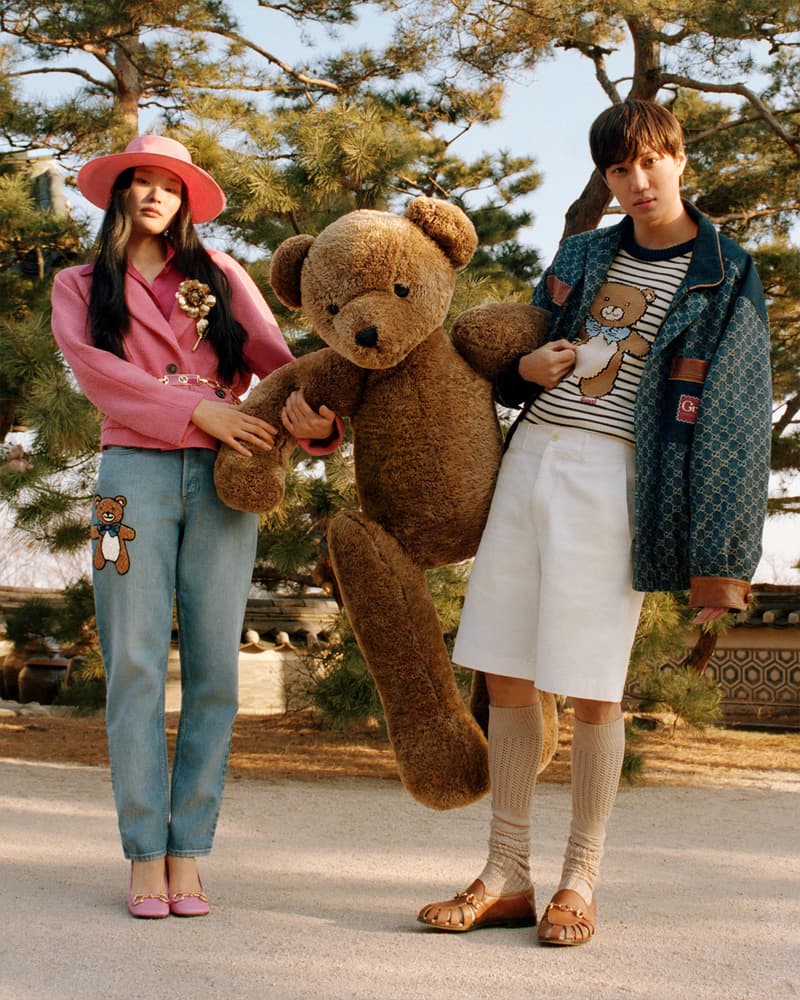 gucci kai collaboration capsule collection teddy bears jacket cardigan jeans model